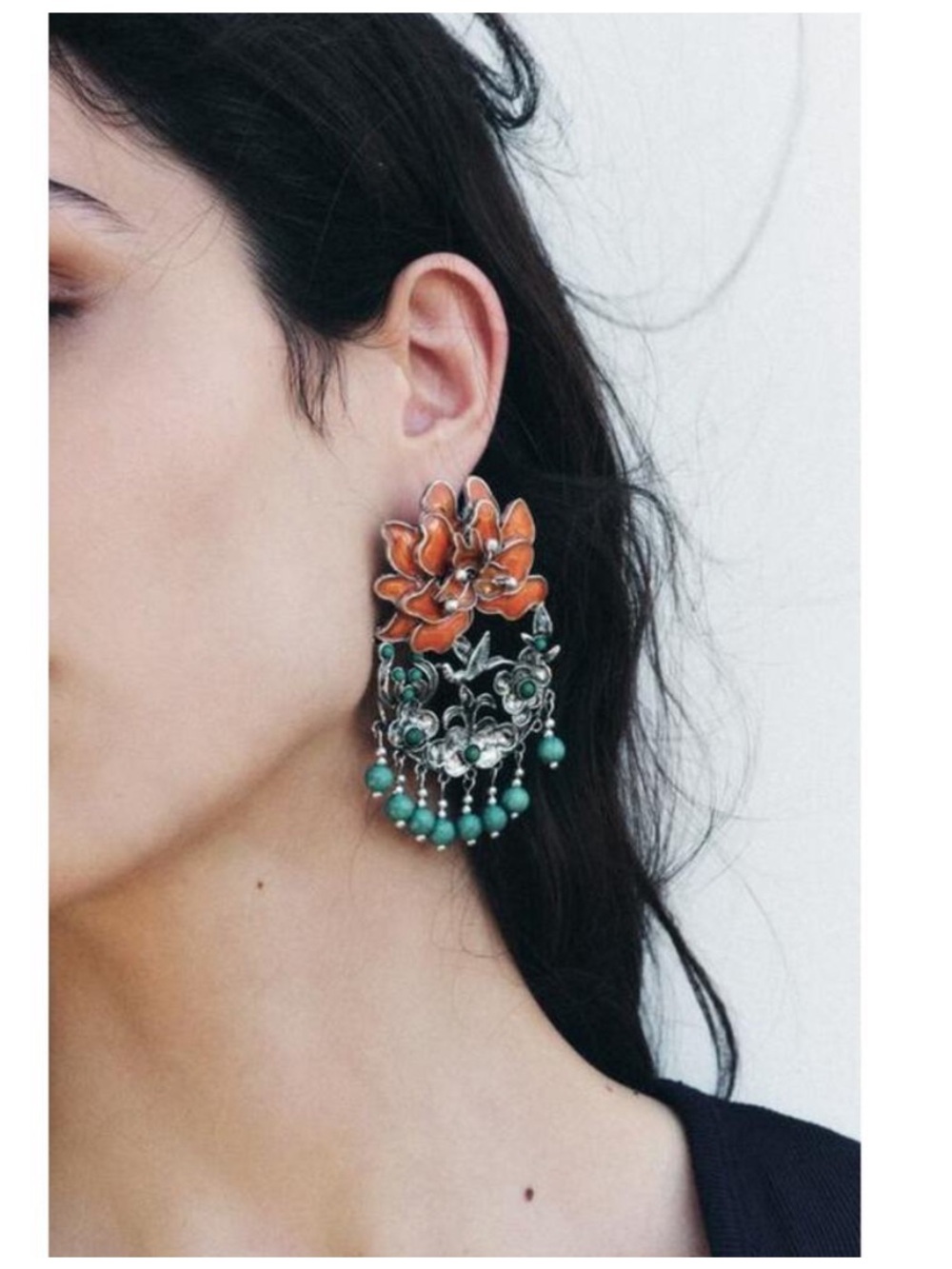 Zara Handcrafted Orange Floral Drop Earrings with Turquoise Beads